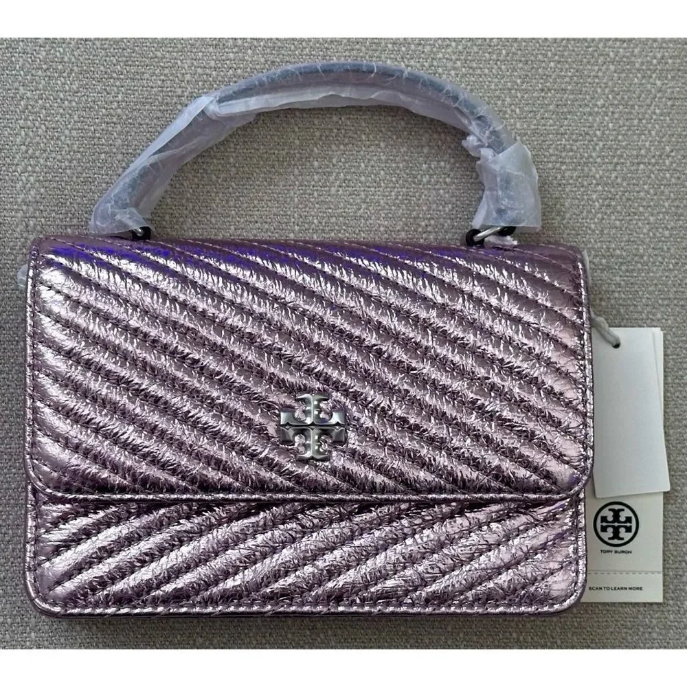 TORY‎ BURCH MINI KIRA MOTO QUILT METALLIC TOP-HANDLE CROSSBODY, SPARKLE PINK